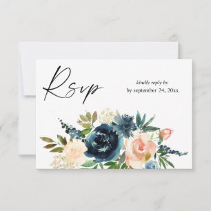 Navy & Dusty Blue Pink Floral 2with Meal RSVP Card