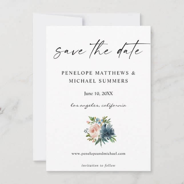 Navy Dusty Blue & Pink Floral Save the Date (Front)