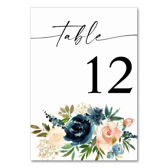 Navy, Dusty Blue & Pink Floral Table Number (Front)