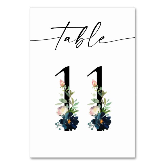 Navy, Dusty Blue & Pink Floral Table Number 11 (Front)