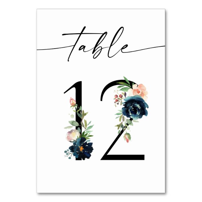 Navy, Dusty Blue & Pink Floral Table Number 12 (Front)