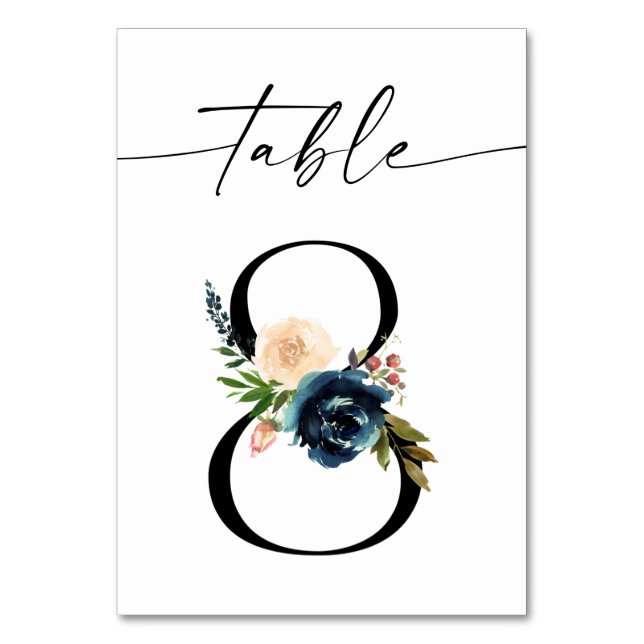 Navy, Dusty Blue & Pink Floral Table Number 8 (Front)