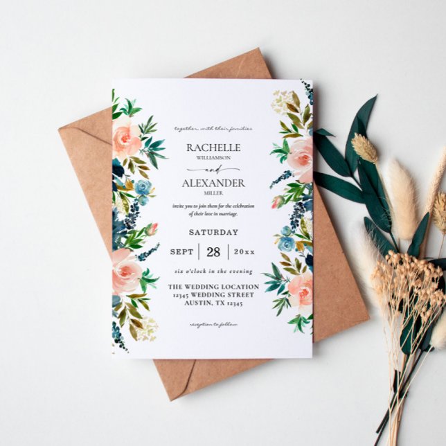 Navy, Dusty Blue & Pink Floral Wedding Invitation (Creator Uploaded)