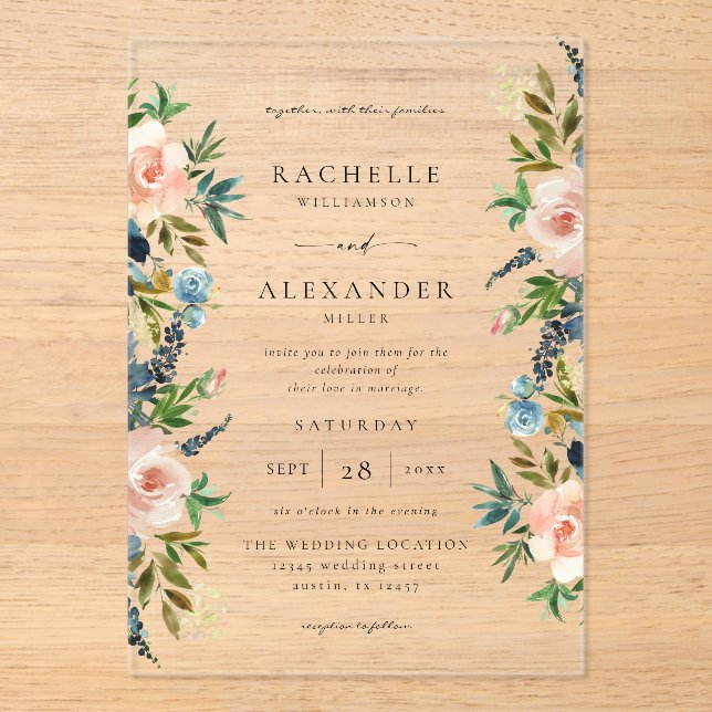 Navy, Dusty Blue & Pink Floral Wedding V2  Acrylic Invitations (Front)