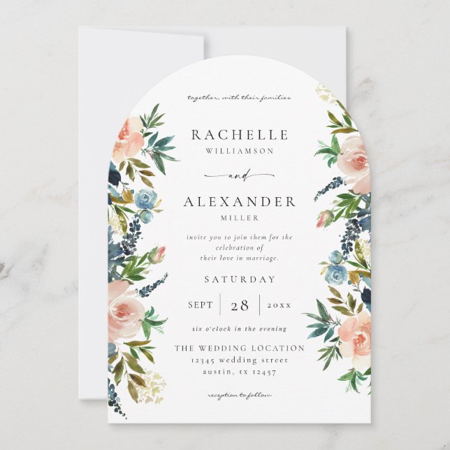 Navy, Dusty Blue & Pink Floral Wedding V2 Arc Invitation (Front)
