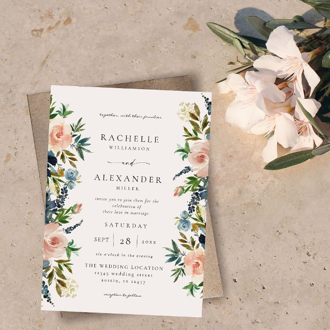 Navy, Dusty Blue & Pink Floral Wedding V2 Invitation (Creator Uploaded)