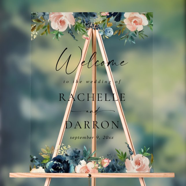 Navy, Dusty Blue & Pink Floral Wedding Welcome Acrylic Sign (Neutral)