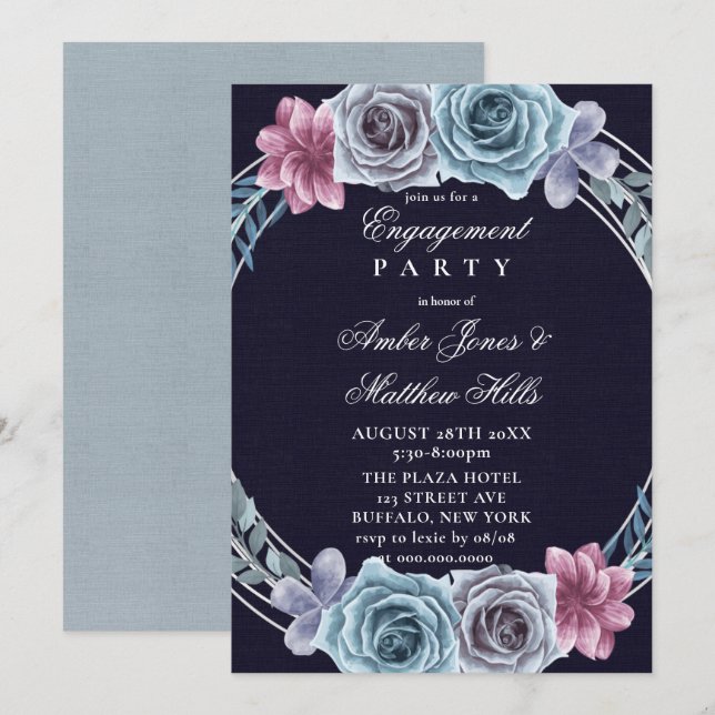Navy Dusty Blue Rose Floral Engagement Party  Invitation (Front/Back)