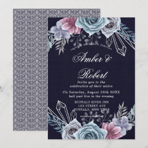 Navy Dusty Blue Rose Floral Wedding Invitations 