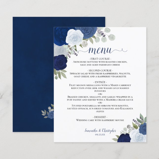 Navy & Dusty Blue Roses Budget Wedding Menu (Front/Back)