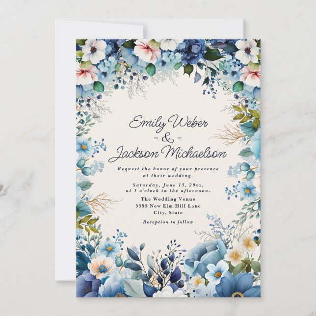 Navy Dusty Blue Watercolor Floral Wedding Invitation (Front)