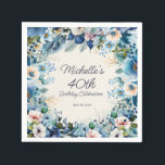 Navy Dusty Blue White Floral 40th Birthday Napkin<br><div class="desc">Elegant navy and dusty blue with white watercolor floral 40th birthday party paper napkins for women. Personalised with the name of the guest-of-honour and her party date. Contact me for assistance with your customisations or to request additional matching or coordinating Zazzle products for your event.</div>