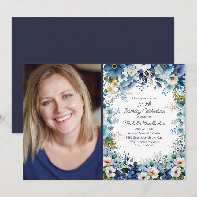 Navy Dusty Blue White Floral 50th Birthday Photo Invitation (Front/Back)
