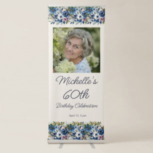 Navy Dusty Blue White Floral 60th Birthday Photo Retractable Banner