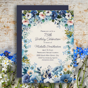 Navy Dusty Blue White Floral 75th Birthday Invitation