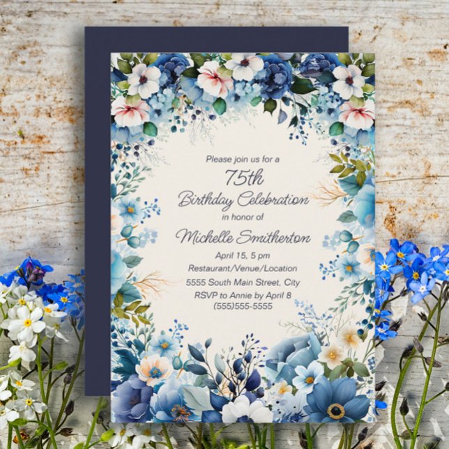 Navy Dusty Blue White Floral 75th Birthday  Invitation (Blue floral 75th birthday party invitation)