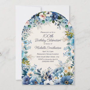 Navy Dusty Blue White Floral Arch 100th Birthday  Invitation