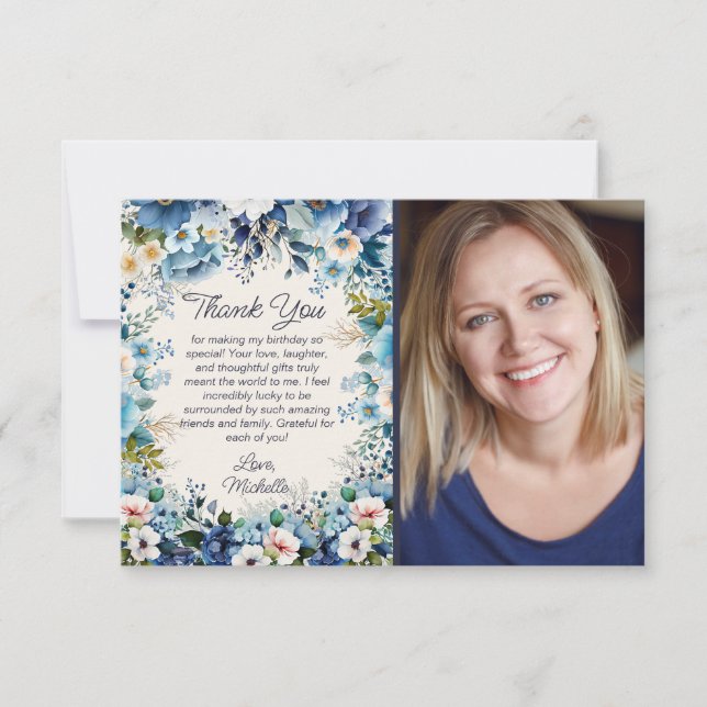 Navy Dusty Blue White Floral Birthday Photo Thank You Card (Front)