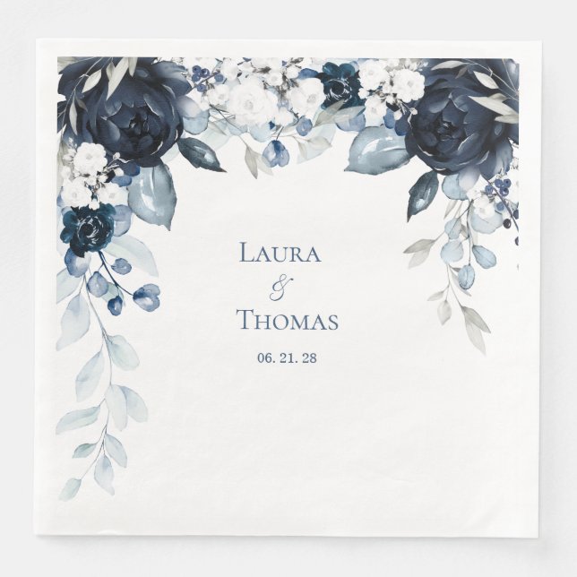 Navy Dusty Blue & White Garden Elegant Wedding Napkin (Front)
