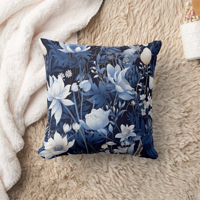 Navy Dusty Blue White Winter Flowers  Cushion (Blanket)
