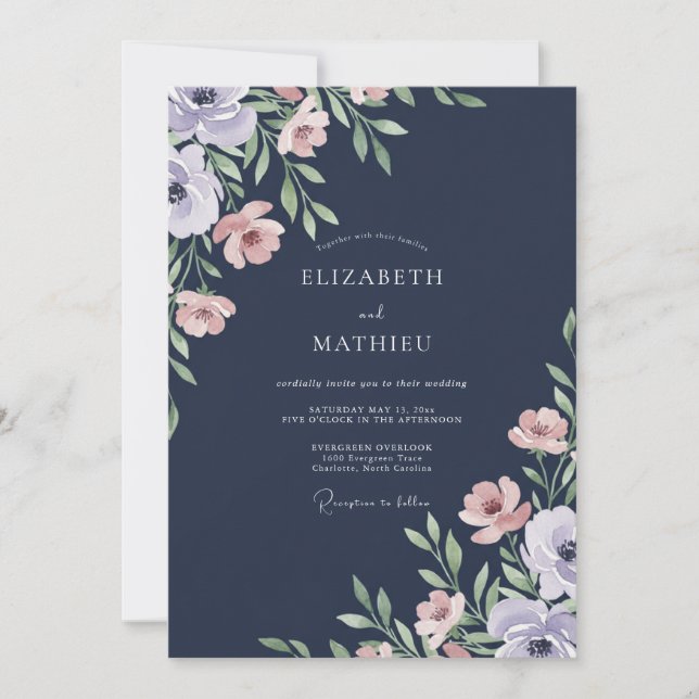 Navy Dusty Pink Leafy Wedding Invitation (Front)