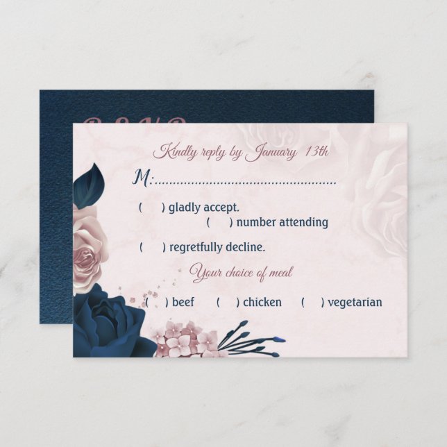 navy & dusty rose flowers meal choice RSVP card (Front/Back)