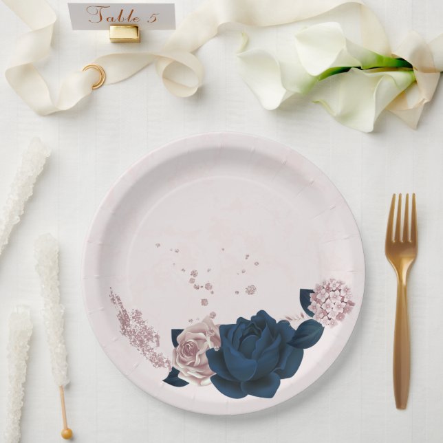 navy & dusty rose flowers paper plate (Wedding)