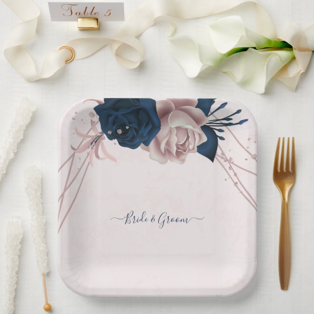 navy & dusty rose flowers pink paper plate (Wedding)