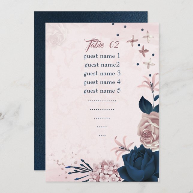 navy & dusty rose flowers seating table number (Front/Back)