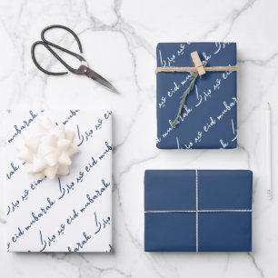 Navy Eid Mubarak Bilingual Wrapping Paper Sheet