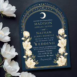 Navy Elegant Arch Art Nouveau Wedding  Invitation