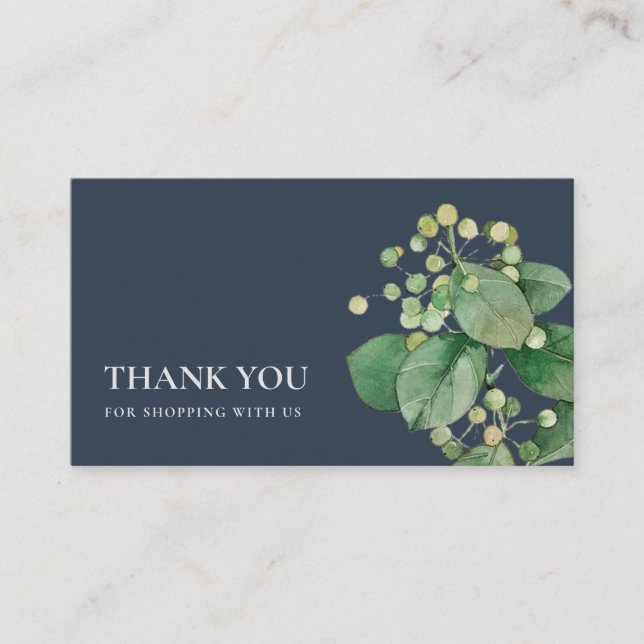 NAVY ELEGANT BERRY LEAF FOLIAGE GREENERY THANK YOU BUSINESS CARD (Front)