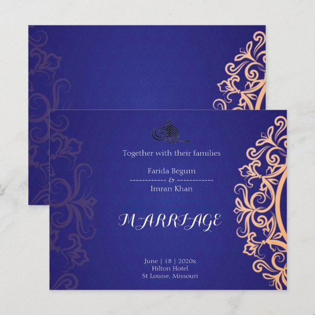 Navy Elegant Blue Muslim wedding Invitation  Postcard (Front/Back)