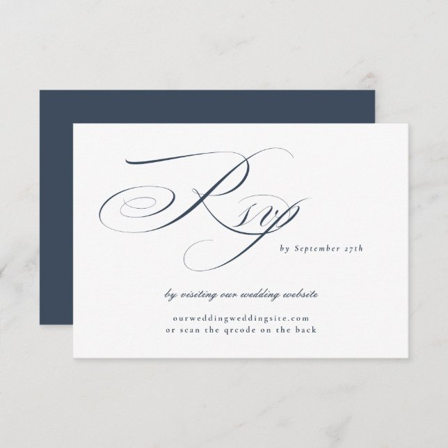 Navy Elegant Calligraphy Wedding Website QR CODE RSVP Card (Front/Back)