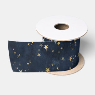 Navy Elegant Celestial Starry Gold Stars Design Satin Ribbon
