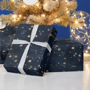 Navy Elegant Celestial Starry Gold Stars Design Wrapping Paper