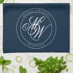 Navy Elegant Circle Monogram Script  Tea Towel