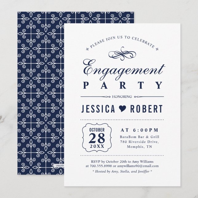 Navy | Elegant Engagement Party Invitation (Front/Back)