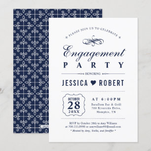 Navy   Elegant Engagement Party Invitation