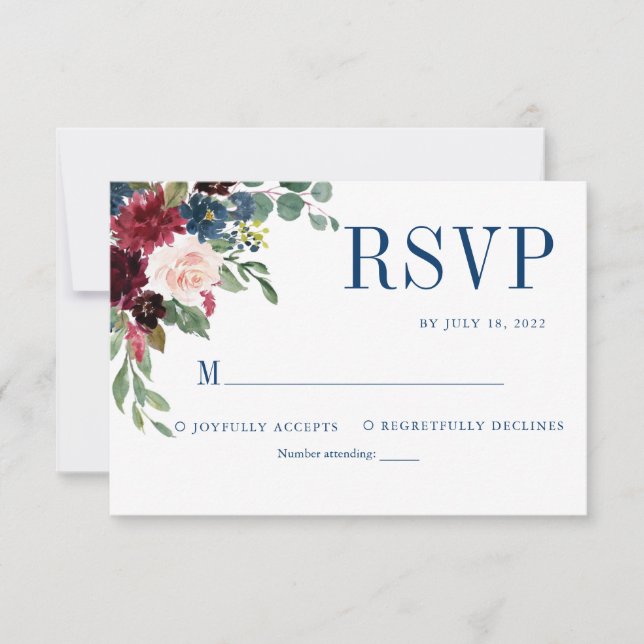 Navy Elegant Floral Burgundy Wedding RSVP Card (Front)