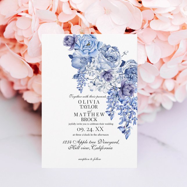 Navy Elegant Floral Classic Wedding  Invitation (Creator Uploaded)