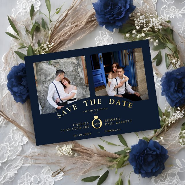 Navy Elegant Gold 2 Photos Sophisticated Wedding (Navy Elegant Gold 2 Photos Sophisticated Wedding Real Metallic Foil Save the Card with Envelope. )