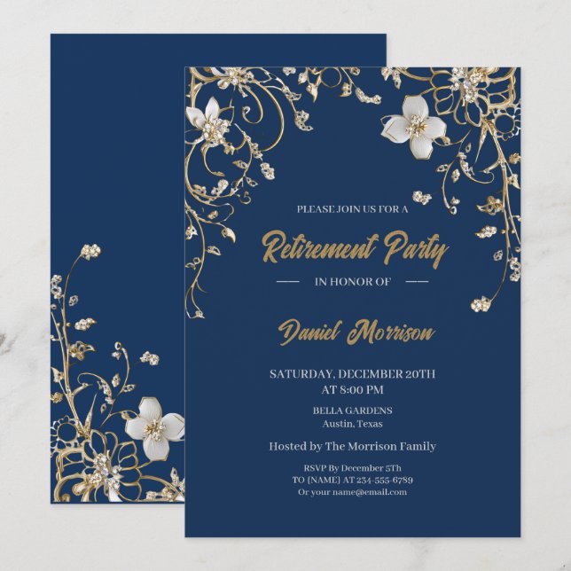 Navy Elegant Gold Floral Frame Retirement 2025 Invitation (Front/Back)