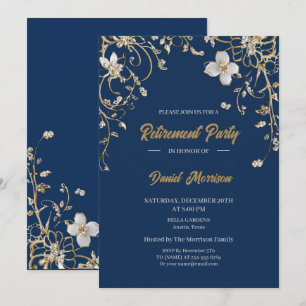 Navy Elegant Gold Floral Frame Retirement 2025 Invitation
