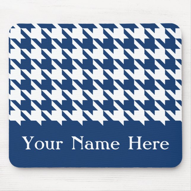Navy Elegant Houndstooth with custom name Mouse Mat (Front)