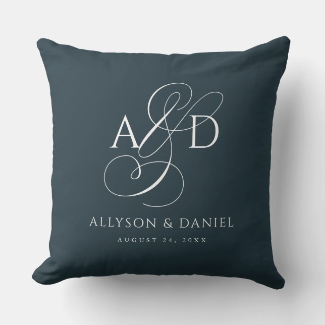 Navy Elegant Initial Script Monogram Wedding Cushion (Front)