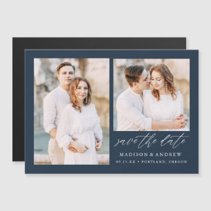 Navy Elegant Script 2 Photo Save the Date Magnetic Invitation