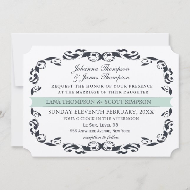 Navy Elegant Victorian Flourish Filligree Wedding Invitation (Front)