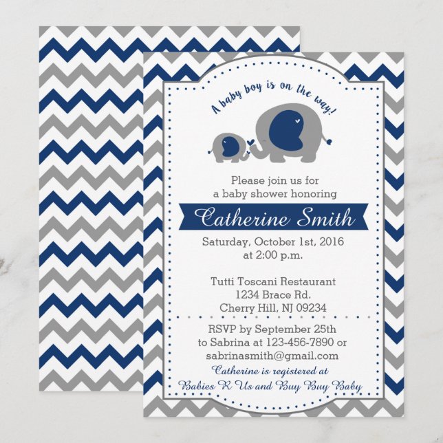 Navy Elephant Baby Shower Invitations (Front/Back)