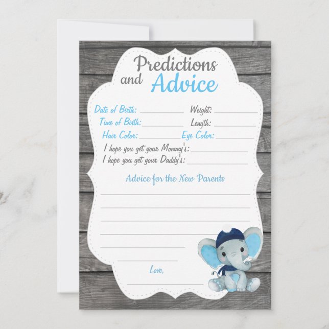 Navy Elephant Baby Shower Prediction Advice card (Front)